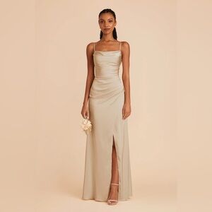 Sleek Taupe Satin Cowl Neck Maxi Dress
